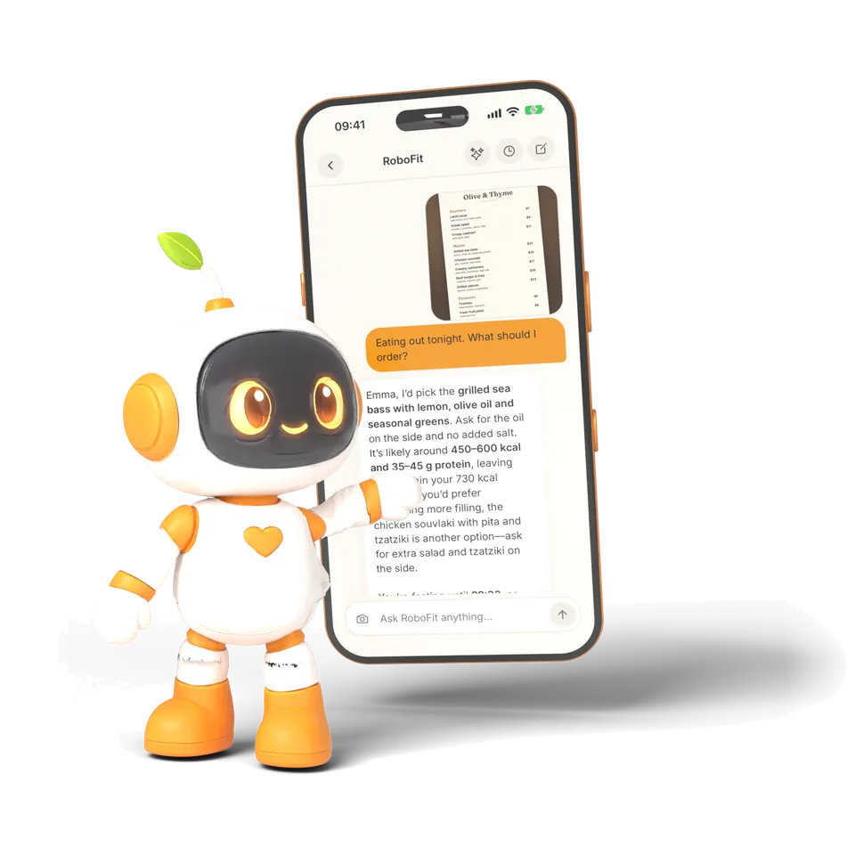 RoboFit next to a phone showing a chat about what to order from a restaurant menu