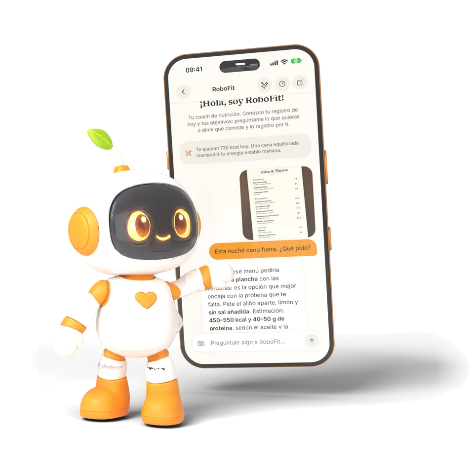 RoboFit junto a un móvil con una conversación sobre qué pedir de la carta de un restaurante