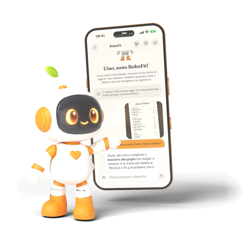 RoboFit accanto a un telefono con una chat su cosa ordinare dal menu di un ristorante