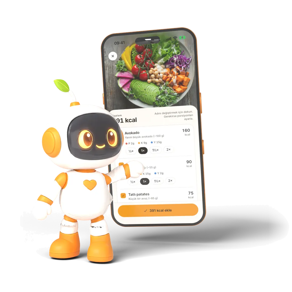 FitZen’in yapay zekâ koçu robot RoboFit, fotoğrafı çekilmiş bir salatanın kalori ve makrolarını gösteren telefonun yanında
