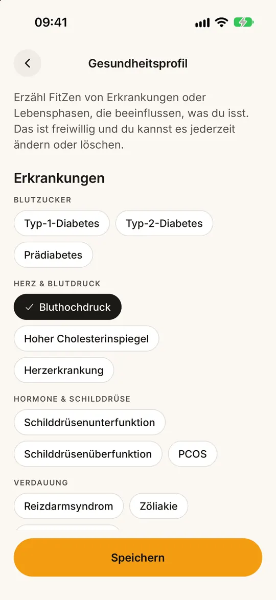 FitZen-App-Screen: Mahlzeiten passend zu deiner Gesundheit