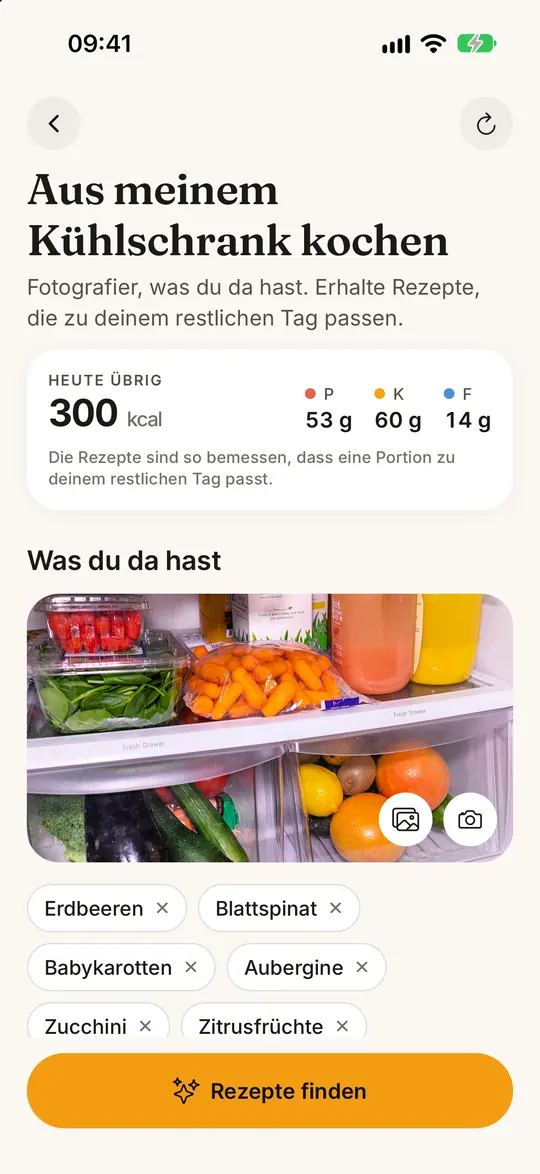 FitZen-App-Screen: Dein Kühlschrank → gesunde Rezepte
