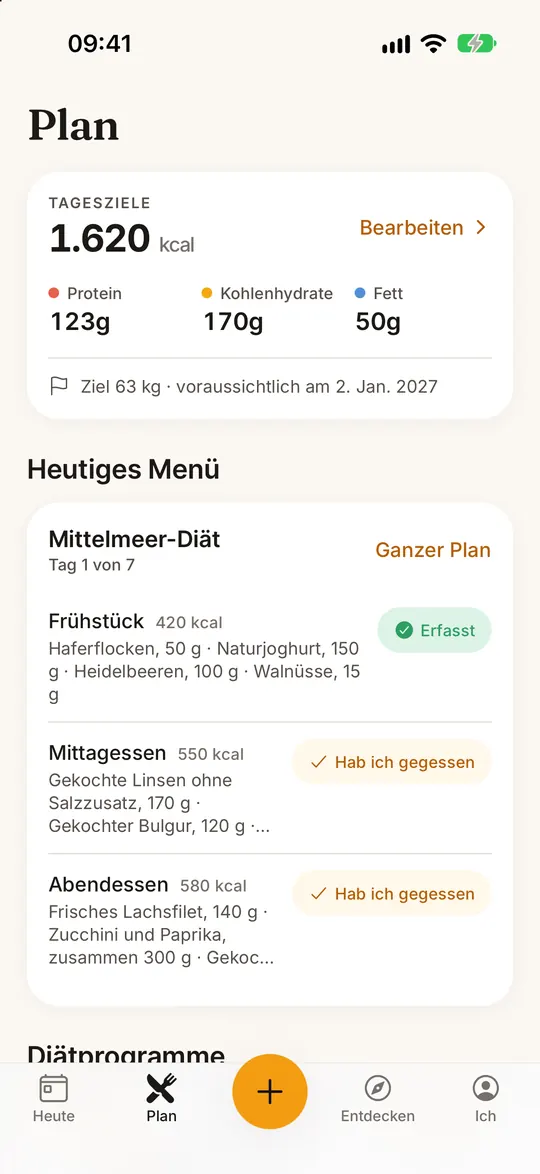 FitZen-App-Screen: 10 Ernährungspläne, Tag für Tag