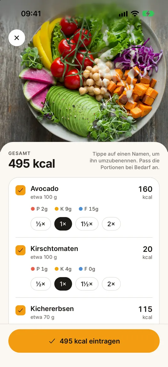 FitZen-App-Screen: Foto knipsen, Kalorien kennen