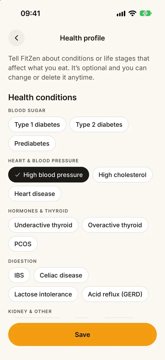 FitZen app screen: Meals that fit your health needs