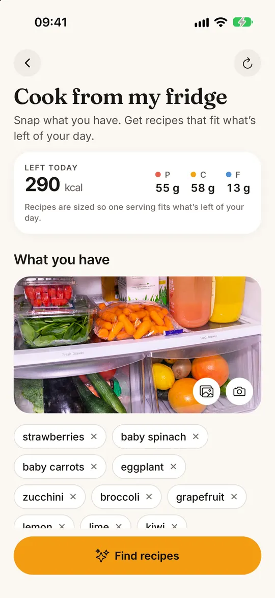 FitZen app screen: Your fridge → healthy recipes