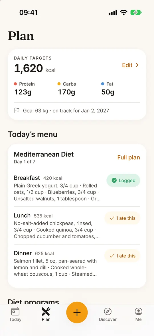 FitZen app screen: 10 diet plans, day by day