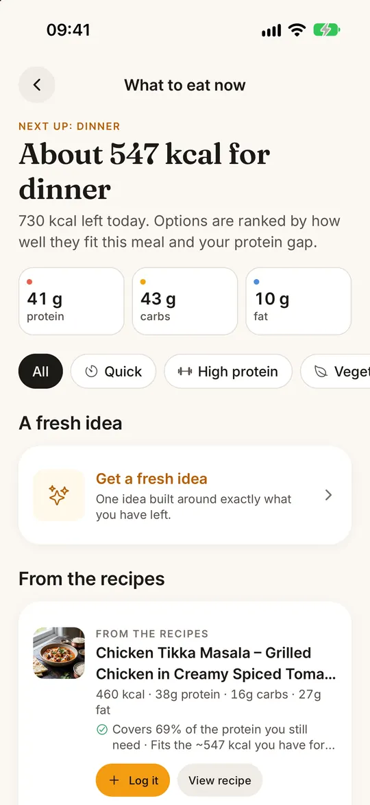 FitZen app screen: What should I eat next? Answered