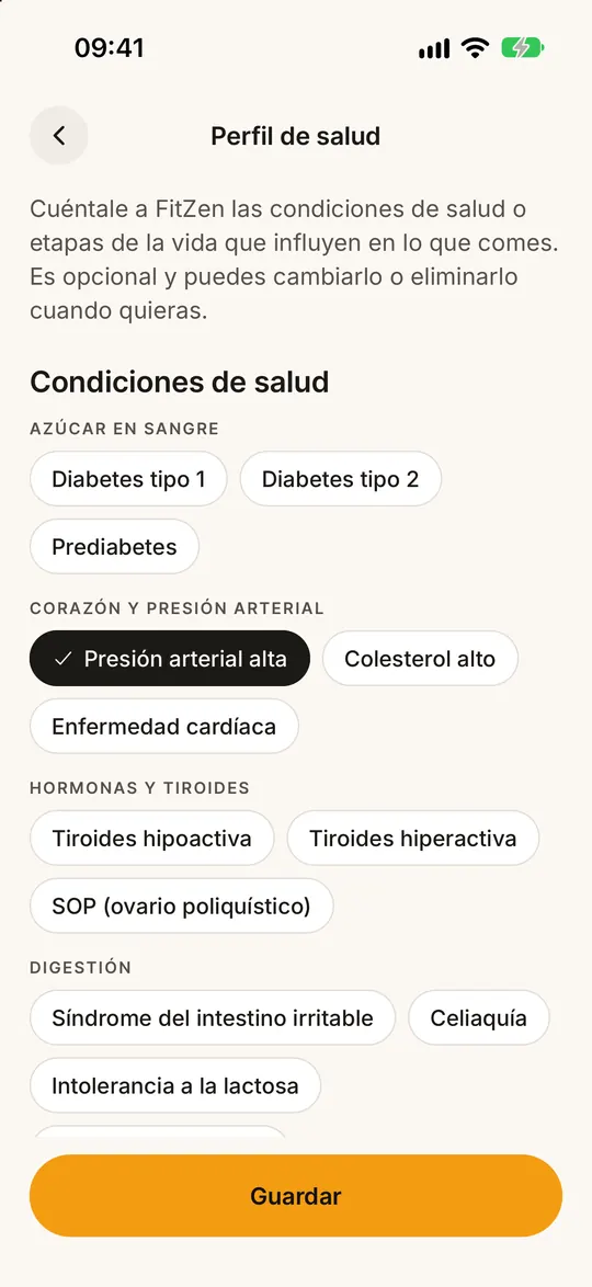 Pantalla de la app FitZen: Comidas para tus necesidades de salud