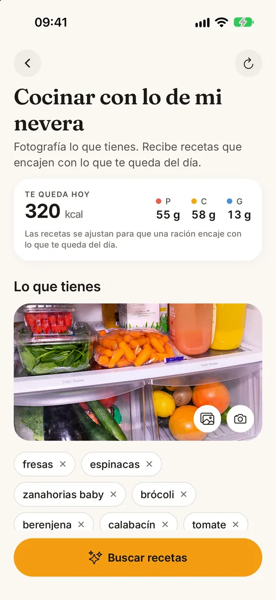 Pantalla de la app FitZen: Tu nevera → recetas saludables
