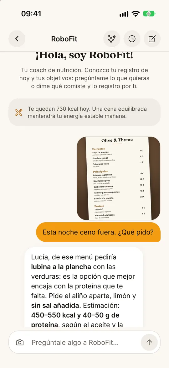Pantalla de la app FitZen: Enséñale a RoboFit cualquier foto
