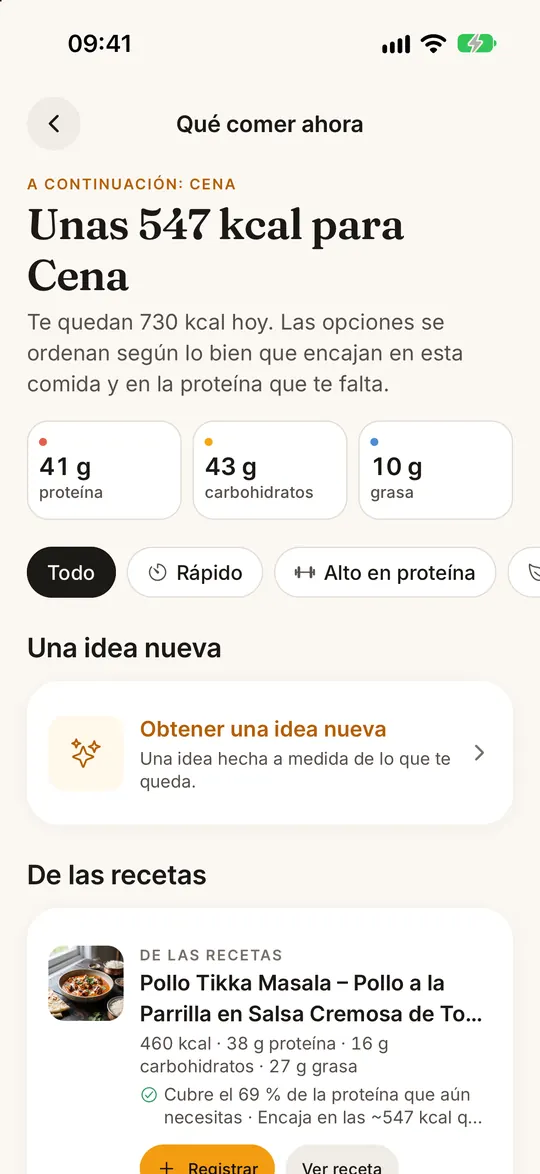 Pantalla de la app FitZen: ¿Qué como ahora? Resuelto