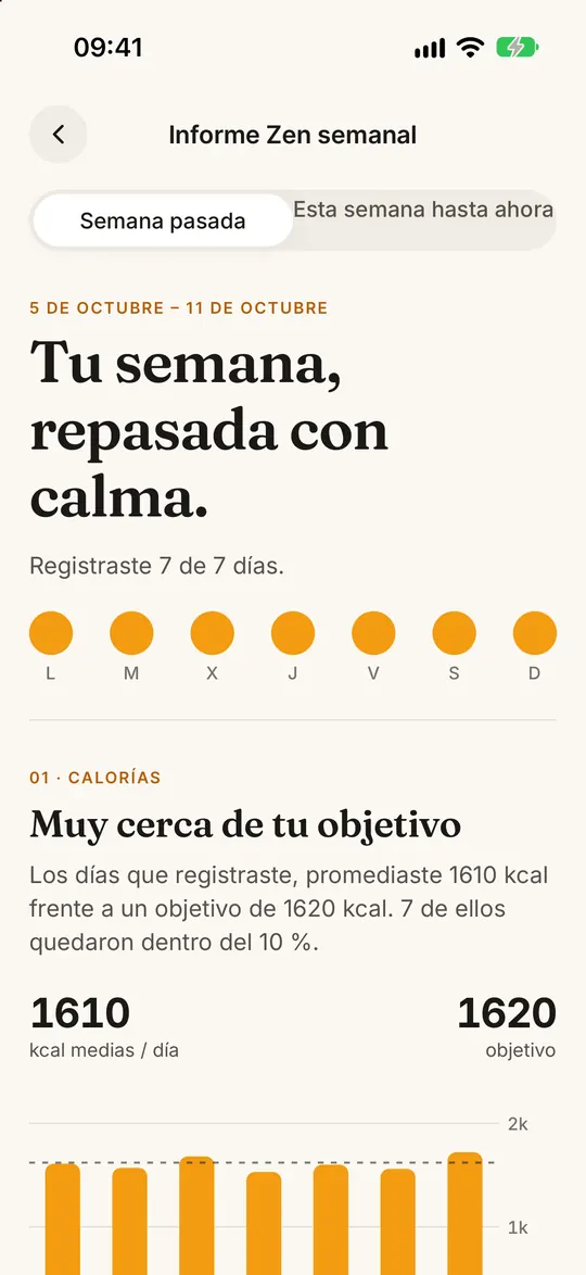 Pantalla de la app FitZen: Tu semana, explicada por la IA