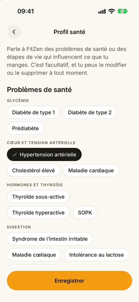 Écran de l’app FitZen : Des repas adaptés à vos besoins santé
