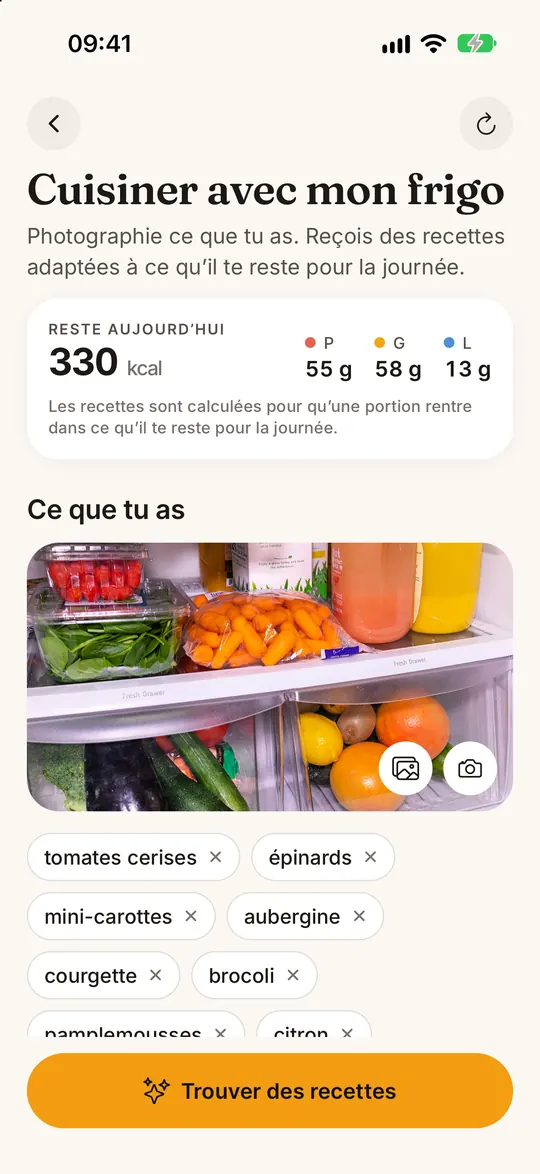 Écran de l’app FitZen : Votre frigo → recettes healthy