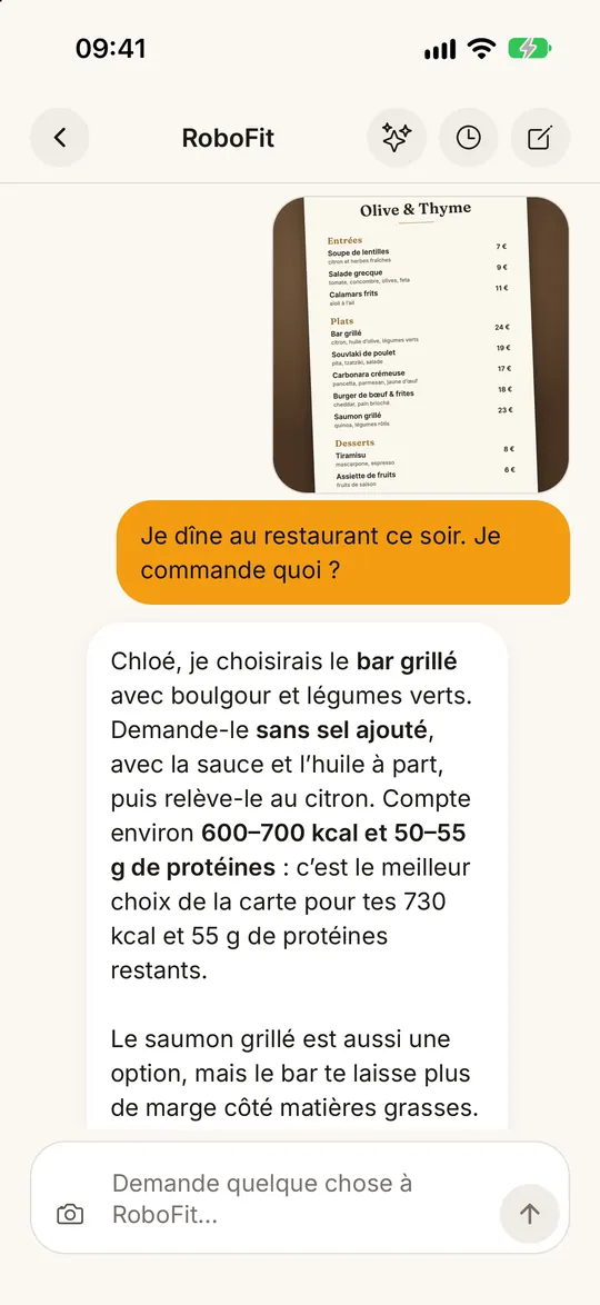Écran de l’app FitZen : Montrez à RoboFit n’importe quelle photo