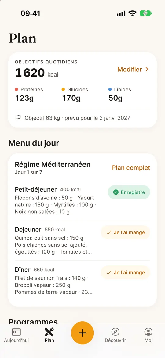 Écran de l’app FitZen : 10 régimes, jour après jour