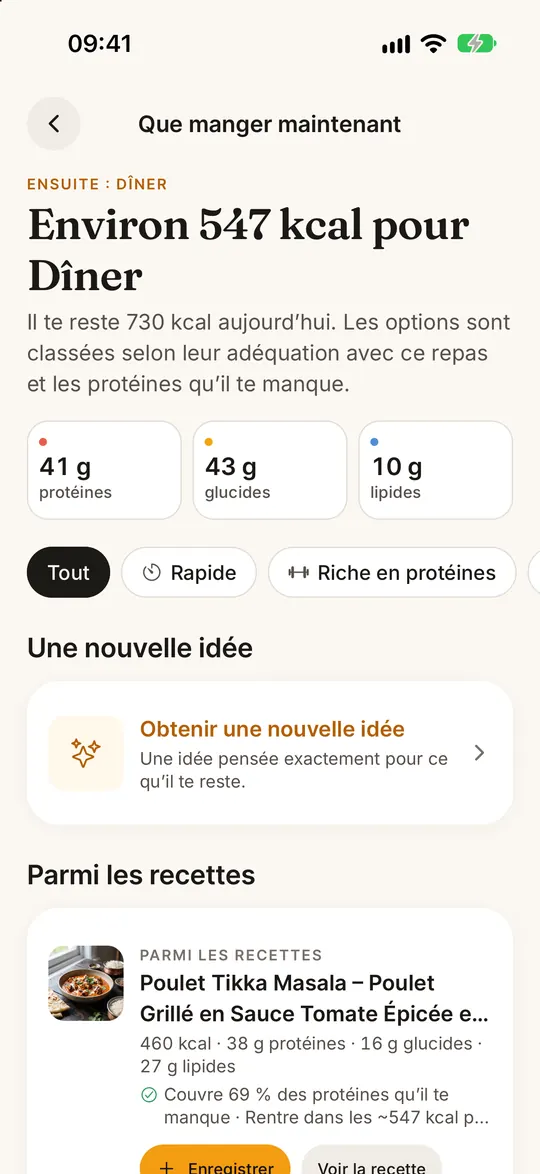 Écran de l’app FitZen : Que manger ensuite ? La réponse