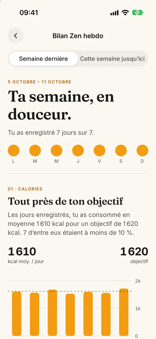 Écran de l’app FitZen : Votre semaine expliquée par l’IA