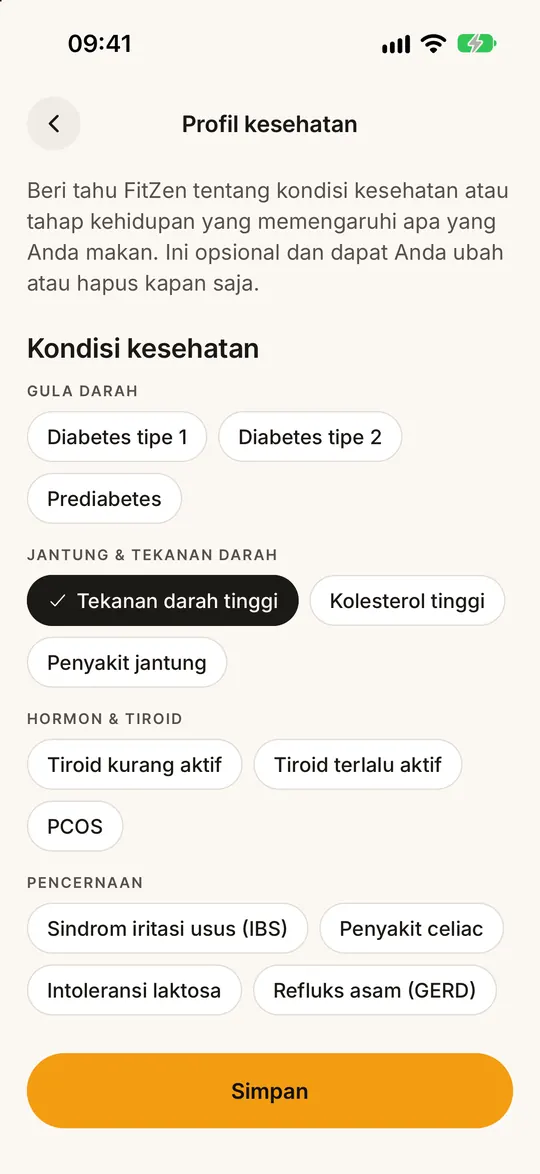 Layar aplikasi FitZen: Menu sesuai kebutuhan kesehatanmu