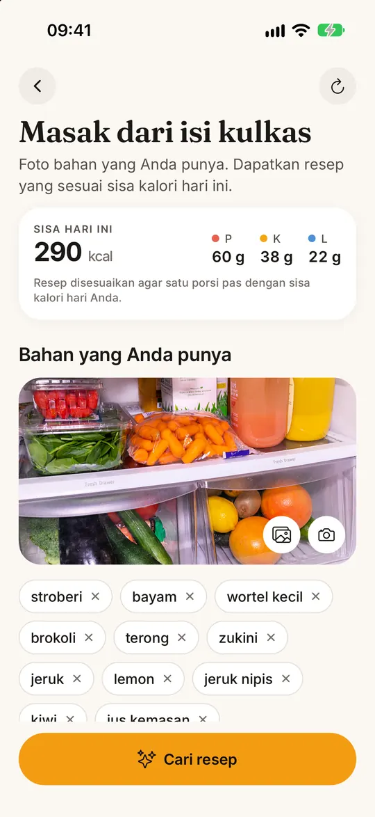 Layar aplikasi FitZen: Isi kulkas → resep sehat