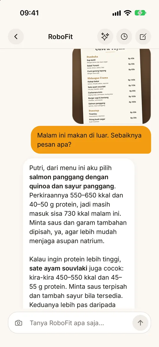 Layar aplikasi FitZen: Tunjukkan foto apa saja ke RoboFit