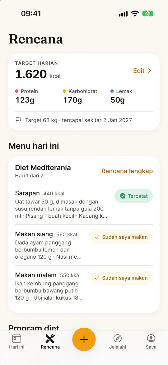 Layar aplikasi FitZen: 10 program diet, hari demi hari