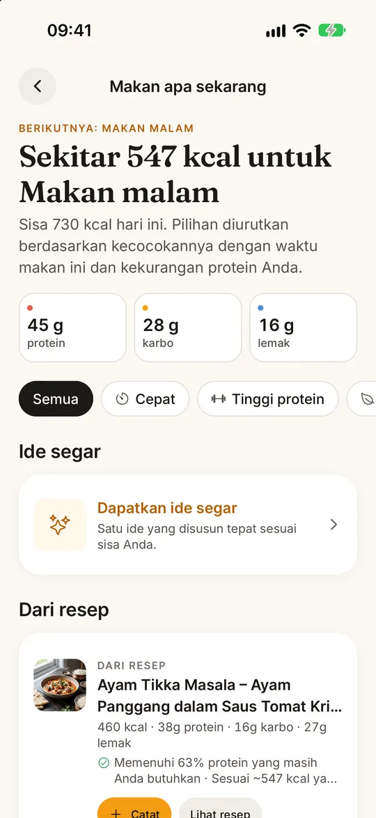 Layar aplikasi FitZen: Makan apa lagi? Ada jawabannya