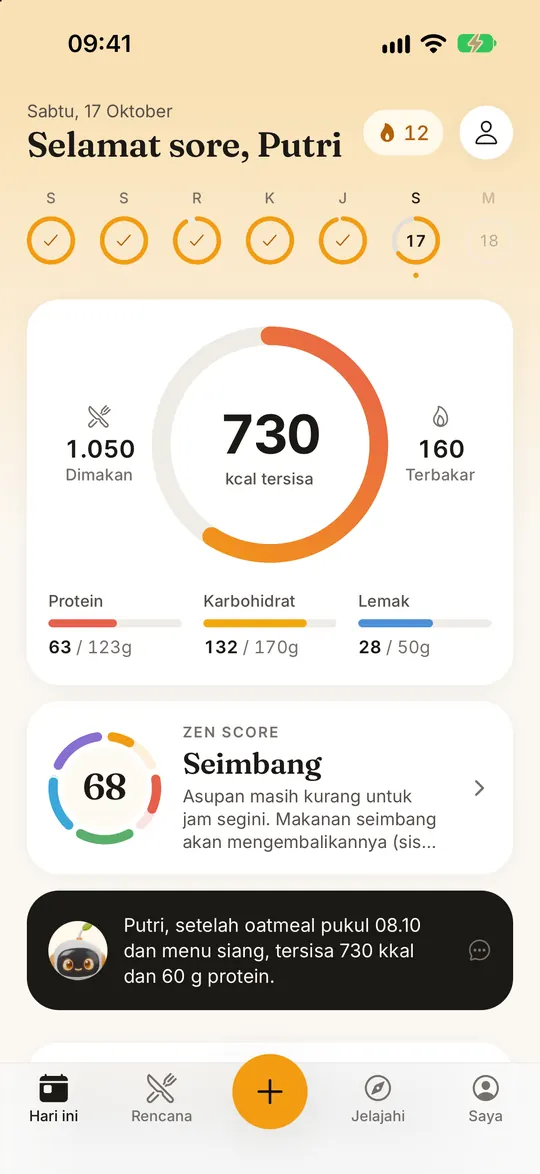 Layar aplikasi FitZen: Seharianmu dalam satu lingkaran