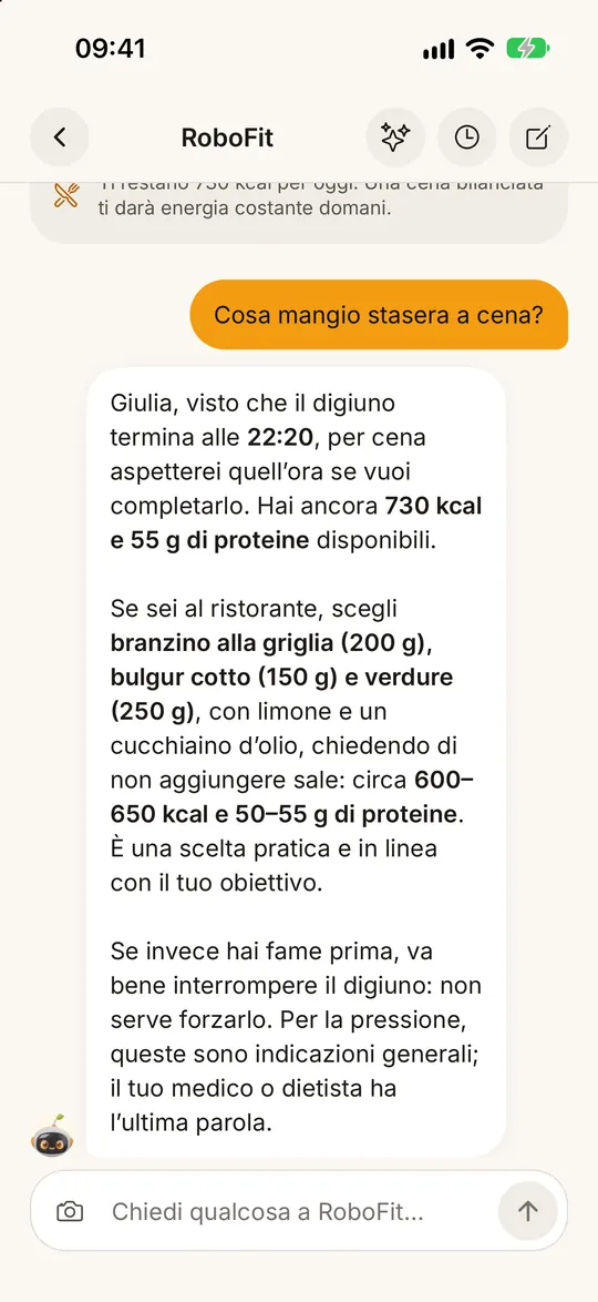 Schermata dell’app FitZen: Un coach che conosce il tuo piatto