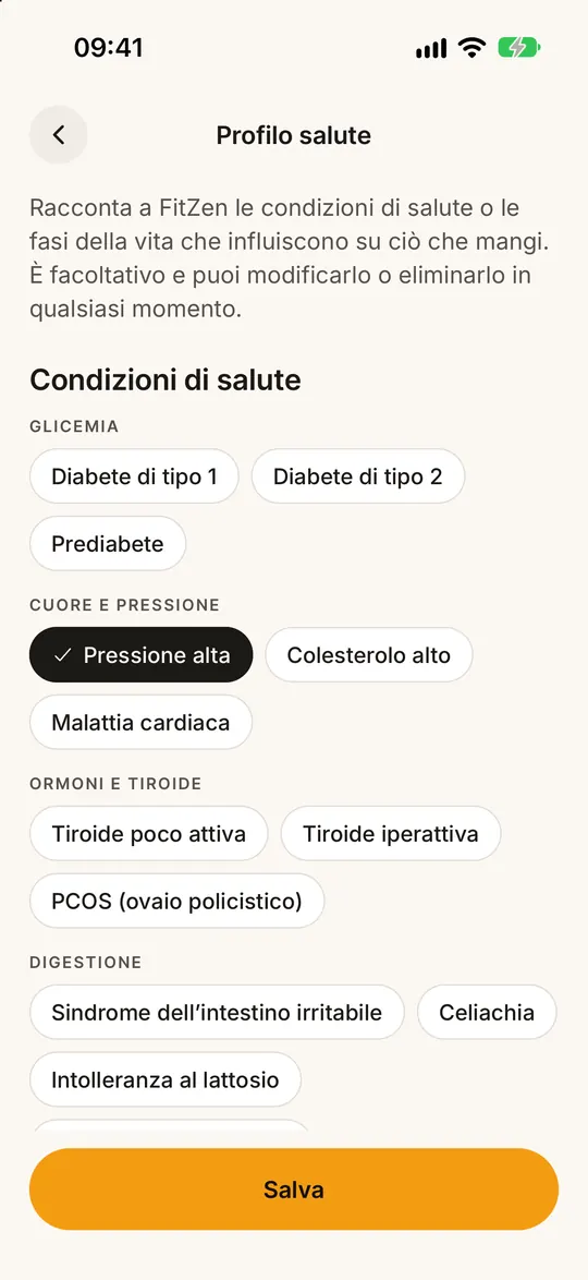 Schermata dell’app FitZen: Pasti adatti alle tue esigenze di salute
