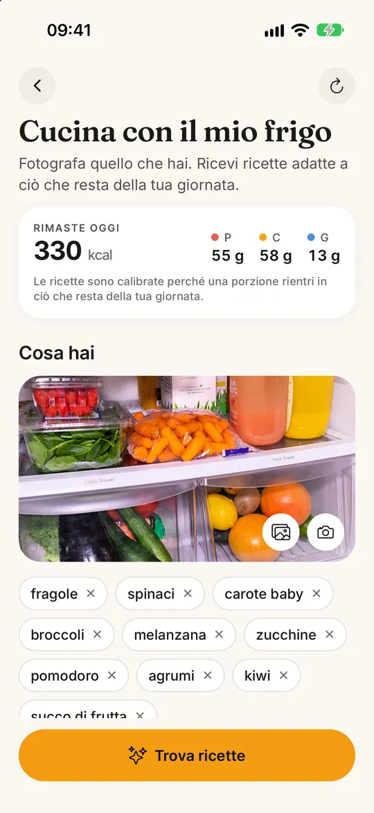 Schermata dell’app FitZen: Dal frigo → ricette sane