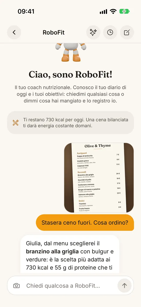 Schermata dell’app FitZen: Mostra a RoboFit qualsiasi foto