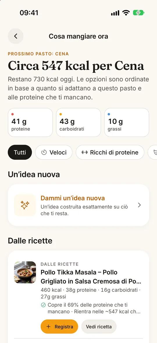 Schermata dell’app FitZen: Cosa mangio adesso? Ecco la risposta