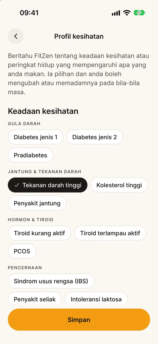 Skrin apl FitZen: Hidangan ikut keperluan kesihatan