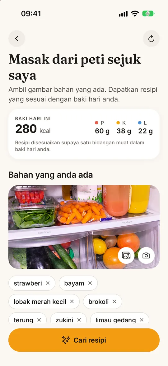 Skrin apl FitZen: Peti sejuk → resipi sihat