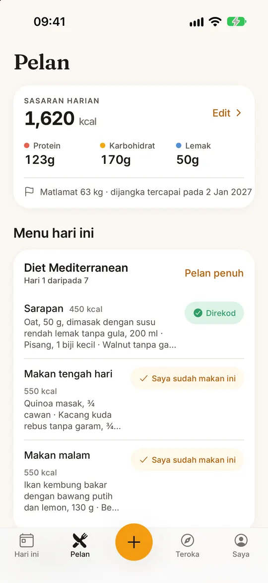 Skrin apl FitZen: 10 pelan diet, hari demi hari