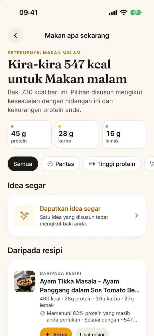 Skrin apl FitZen: Nak makan apa lagi? Ada jawapan