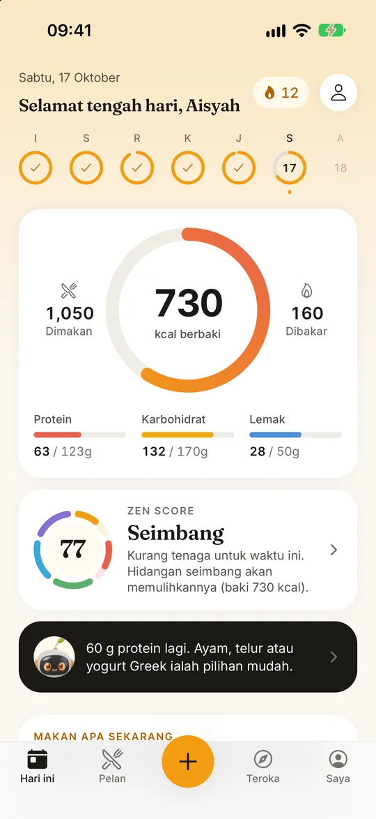 Skrin apl FitZen: Sepanjang hari dalam satu bulatan