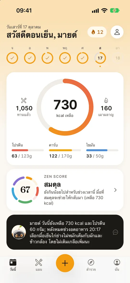 หน้าจอ "วันนี้" ของ FitZen พร้อมวงแหวนแคลอรี สารอาหารหลัก และ Zen Score รายวัน