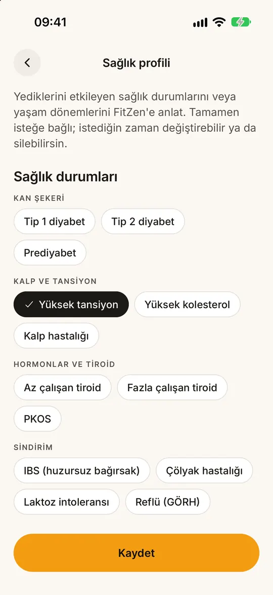 FitZen uygulama ekranı: Sağlık ihtiyaçlarına uygun öğünler