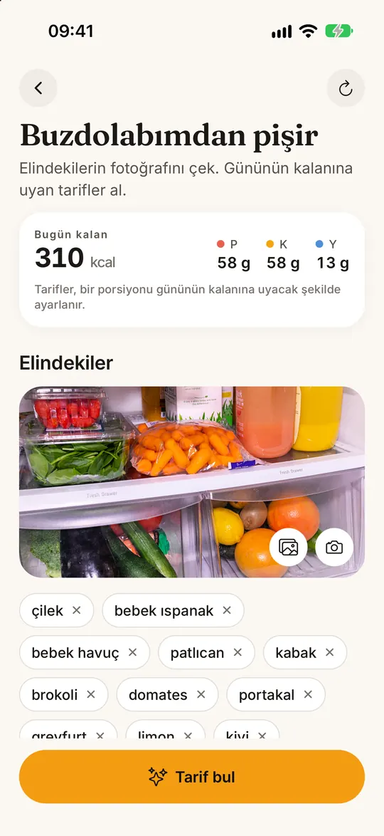 FitZen uygulama ekranı: Buzdolabın → sağlıklı tarifler