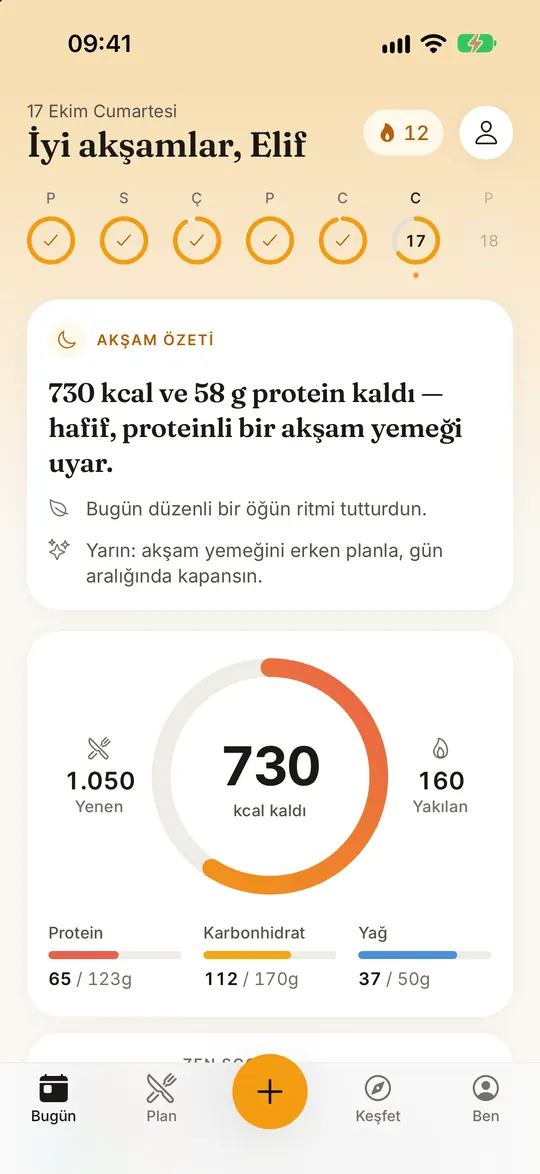 Kalori halkası, makrolar ve günlük Zen Score ile FitZen Bugün ekranı